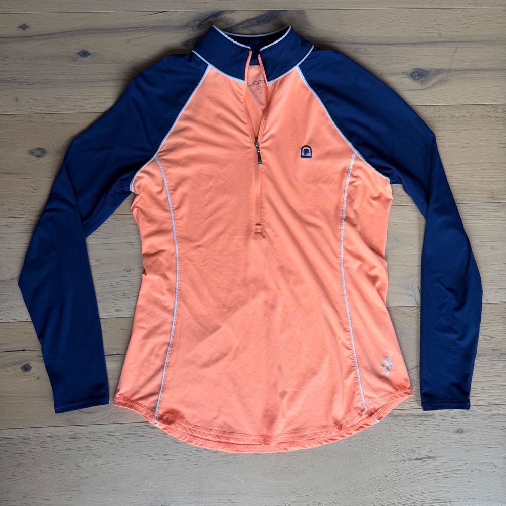 Jofit Womens Quarter Zip Long Sleeve Athletic Top Orange Navy Blue Piping Size S